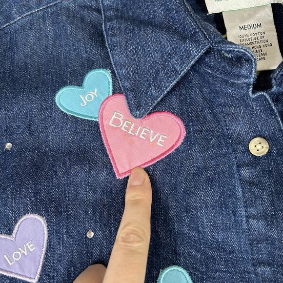 Vintage Quacker Factory Top Medium Denim Embroidered Hearts Valentines Flaws - Picture 6 of 11